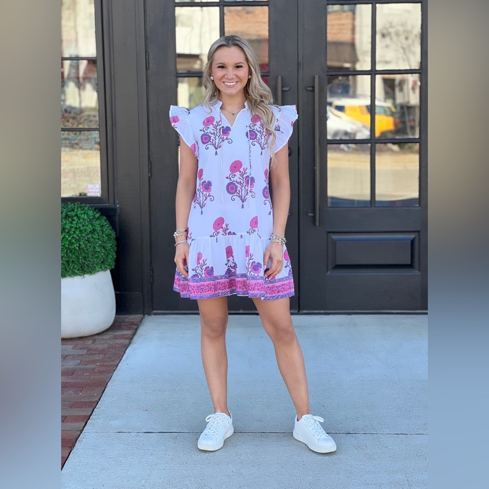 Victoria Dunn Lillie Mini Dress in Camelia Block Floral Preppy Cottagecore Chic